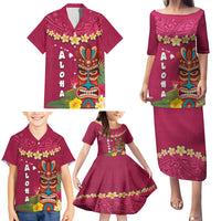 Hawaii Plumeria Lei Family Matching Puletasi and Hawaiian Shirt Tiki and Kakau Pattern Pink Color LT03 - Polynesian Pride