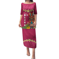 Hawaii Plumeria Lei Family Matching Puletasi and Hawaiian Shirt Tiki and Kakau Pattern Pink Color LT03 Mom's Dress Pink - Polynesian Pride
