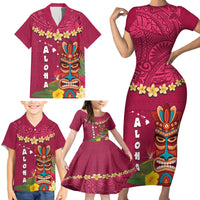 Hawaii Plumeria Lei Family Matching Short Sleeve Bodycon Dress and Hawaiian Shirt Tiki and Kakau Pattern Pink Color LT03 - Polynesian Pride