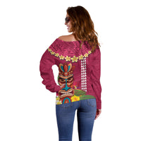 Hawaii Plumeria Lei Off Shoulder Sweater Tiki and Kakau Pattern Pink Color