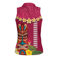 Hawaii Plumeria Lei Women Sleeveless Polo Shirt Tiki and Kakau Pattern Pink Color