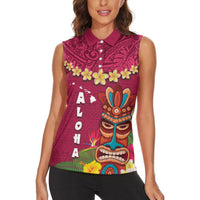Hawaii Plumeria Lei Women Sleeveless Polo Shirt Tiki and Kakau Pattern Pink Color