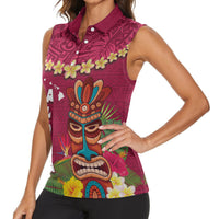 Hawaii Plumeria Lei Women Sleeveless Polo Shirt Tiki and Kakau Pattern Pink Color