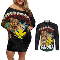 Aloha Hawaii Couples Matching Off Shoulder Short Dress and Long Sleeve Button Shirt Kanaka Maoli with Polynesian Spiral Plumeria LT03 Black - Polynesian Pride
