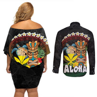 Aloha Hawaii Couples Matching Off Shoulder Short Dress and Long Sleeve Button Shirt Kanaka Maoli with Polynesian Spiral Plumeria LT03 - Polynesian Pride