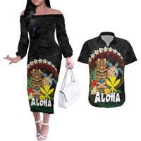 Aloha Hawaii Couples Matching Off The Shoulder Long Sleeve Dress and Hawaiian Shirt Kanaka Maoli with Polynesian Spiral Plumeria