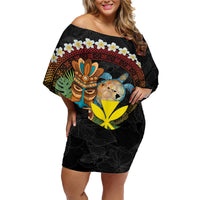 Aloha Hawaii Family Matching Off Shoulder Short Dress and Hawaiian Shirt Kanaka Maoli with Polynesian Spiral Plumeria LT03 Mom's Dress Black - Polynesian Pride