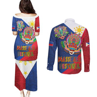 Philippines MassKara Couples Matching Puletasi and Long Sleeve Button Shirt Filipino Carnival Mask and Polynesian Pattern LT03 - Polynesian Pride