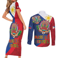 Philippines MassKara Couples Matching Short Sleeve Bodycon Dress and Long Sleeve Button Shirt Filipino Carnival Mask and Polynesian Pattern LT03 - Polynesian Pride