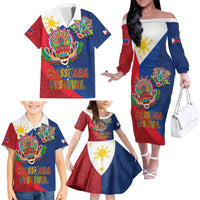 Philippines MassKara Family Matching Off The Shoulder Long Sleeve Dress and Hawaiian Shirt Filipino Carnival Mask and Polynesian Pattern LT03 - Polynesian Pride