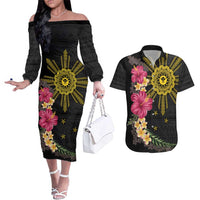 Hawaii and Philippines Together Couples Matching Off The Shoulder Long Sleeve Dress and Hawaiian Shirt Hibiscus Flower and Sun Badge Polynesian Pattern Coloful LT03 Black - Polynesian Pride