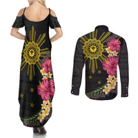 Hawaii and Philippines Together Couples Matching Summer Maxi Dress and Long Sleeve Button Shirt Hibiscus Flower and Sun Badge Polynesian Pattern Coloful