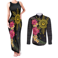 Hawaii and Philippines Together Couples Matching Tank Maxi Dress and Long Sleeve Button Shirt Hibiscus Flower and Sun Badge Polynesian Pattern Coloful
