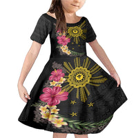 Hawaii and Philippines Together Family Matching Mermaid Dress and Hawaiian Shirt Hibiscus Flower and Sun Badge Polynesian Pattern Coloful LT03 Daughter's Dress Black - Polynesian Pride