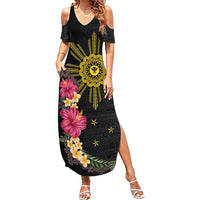 Hawaii and Philippines Together Family Matching Summer Maxi Dress and Hawaiian Shirt Hibiscus Flower and Sun Badge Polynesian Pattern Coloful LT03 Mom's Dress Black - Polynesian Pride