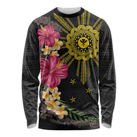 Hawaii and Philippines Together Long Sleeve Shirt Hibiscus Flower and Sun Badge Polynesian Pattern Coloful LT03 Unisex Black - Polynesian Pride