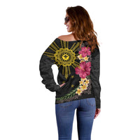 Hawaii and Philippines Together Off Shoulder Sweater Hibiscus Flower and Sun Badge Polynesian Pattern Coloful LT03 - Polynesian Pride
