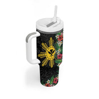 Hawaii and Philippines Together Tumbler With Handle Hibiscus Flower and Sun Badge Polynesian Pattern Coloful
