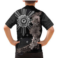 Hawaii and Philippines Together Family Matching Mermaid Dress and Hawaiian Shirt Hibiscus Flower and Sun Badge Polynesian Pattern Grayscale LT03 - Polynesian Pride