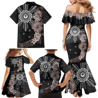 Hawaii and Philippines Together Family Matching Mermaid Dress and Hawaiian Shirt Hibiscus Flower and Sun Badge Polynesian Pattern Grayscale LT03 - Polynesian Pride