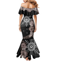 Hawaii and Philippines Together Family Matching Mermaid Dress and Hawaiian Shirt Hibiscus Flower and Sun Badge Polynesian Pattern Grayscale LT03 - Polynesian Pride