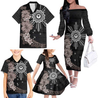 Hawaii and Philippines Together Family Matching Off The Shoulder Long Sleeve Dress and Hawaiian Shirt Hibiscus Flower and Sun Badge Polynesian Pattern Grayscale LT03 - Polynesian Pride