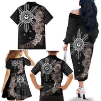 Hawaii and Philippines Together Family Matching Off The Shoulder Long Sleeve Dress and Hawaiian Shirt Hibiscus Flower and Sun Badge Polynesian Pattern Grayscale LT03 - Polynesian Pride