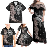 Hawaii and Philippines Together Family Matching Off Shoulder Maxi Dress and Hawaiian Shirt Hibiscus Flower and Sun Badge Polynesian Pattern Grayscale LT03 - Polynesian Pride