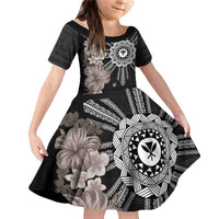 Hawaii and Philippines Together Family Matching Off Shoulder Short Dress and Hawaiian Shirt Hibiscus Flower and Sun Badge Polynesian Pattern Grayscale LT03 Daughter's Dress Black - Polynesian Pride