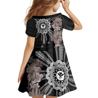 Hawaii and Philippines Together Family Matching Off Shoulder Short Dress and Hawaiian Shirt Hibiscus Flower and Sun Badge Polynesian Pattern Grayscale LT03 - Polynesian Pride