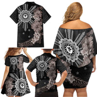 Hawaii and Philippines Together Family Matching Off Shoulder Short Dress and Hawaiian Shirt Hibiscus Flower and Sun Badge Polynesian Pattern Grayscale LT03 - Polynesian Pride