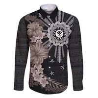 Hawaii and Philippines Together Family Matching Off Shoulder Short Dress and Hawaiian Shirt Hibiscus Flower and Sun Badge Polynesian Pattern Grayscale LT03 Dad's Shirt - Long Sleeve Black - Polynesian Pride