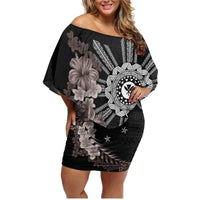 Hawaii and Philippines Together Family Matching Off Shoulder Short Dress and Hawaiian Shirt Hibiscus Flower and Sun Badge Polynesian Pattern Grayscale LT03 Mom's Dress Black - Polynesian Pride
