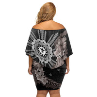 Hawaii and Philippines Together Family Matching Off Shoulder Short Dress and Hawaiian Shirt Hibiscus Flower and Sun Badge Polynesian Pattern Grayscale LT03 - Polynesian Pride