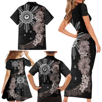 Hawaii and Philippines Together Family Matching Short Sleeve Bodycon Dress and Hawaiian Shirt Hibiscus Flower and Sun Badge Polynesian Pattern Grayscale LT03 - Polynesian Pride