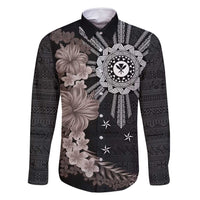 Hawaii and Philippines Together Family Matching Summer Maxi Dress and Hawaiian Shirt Hibiscus Flower and Sun Badge Polynesian Pattern Grayscale LT03 Dad's Shirt - Long Sleeve Black - Polynesian Pride