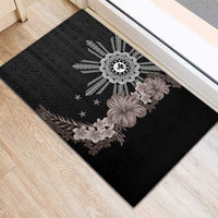Hawaii and Philippines Together Rubber Doormat Hibiscus Flower and Sun Badge Polynesian Pattern Grayscale LT03 - Polynesian Pride