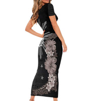 Hawaii and Philippines Together Short Sleeve Bodycon Dress Hibiscus Flower and Sun Badge Polynesian Pattern Grayscale