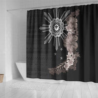 Hawaii and Philippines Together Shower Curtain Hibiscus Flower and Sun Badge Polynesian Pattern Grayscale LT03 - Polynesian Pride