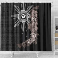 Hawaii and Philippines Together Shower Curtain Hibiscus Flower and Sun Badge Polynesian Pattern Grayscale LT03 - Polynesian Pride