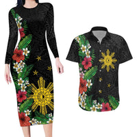 Tropical Hawaii and Philippines Couples Matching Long Sleeve Bodycon Dress and Hawaiian Shirt Kanaka Maoli and Sun Badge Batok Tattoo Colorful LT03 Black - Polynesian Pride