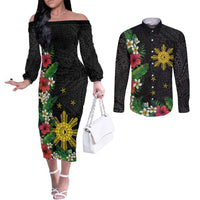 Tropical Hawaii and Philippines Couples Matching Off The Shoulder Long Sleeve Dress and Long Sleeve Button Shirt Kanaka Maoli and Sun Badge Batok Tattoo Colorful LT03 Black - Polynesian Pride