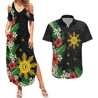 Tropical Hawaii and Philippines Couples Matching Summer Maxi Dress and Hawaiian Shirt Kanaka Maoli and Sun Badge Batok Tattoo Colorful LT03 Black - Polynesian Pride