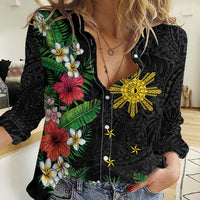 Tropical Hawaii and Philippines Women Casual Shirt Kanaka Maoli and Sun Badge Batok Tattoo Colorful LT03 Female Black - Polynesian Pride