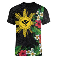 Tropical Hawaii and Philippines Women V-Neck T-Shirt Kanaka Maoli and Sun Badge Batok Tattoo Colorful LT03 - Polynesian Pride