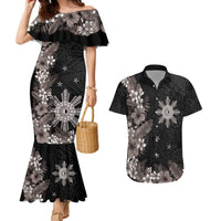Tropical Hawaii and Philippines Couples Matching Mermaid Dress and Hawaiian Shirt Kanaka Maoli and Sun Badge Batok Tattoo Grayscale LT03 Black - Polynesian Pride