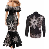 Tropical Hawaii and Philippines Couples Matching Mermaid Dress and Long Sleeve Button Shirt Kanaka Maoli and Sun Badge Batok Tattoo Grayscale LT03 - Polynesian Pride