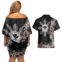 Tropical Hawaii and Philippines Couples Matching Off Shoulder Short Dress and Hawaiian Shirt Kanaka Maoli and Sun Badge Batok Tattoo Grayscale LT03 - Polynesian Pride