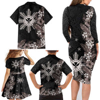 Tropical Hawaii and Philippines Family Matching Long Sleeve Bodycon Dress and Hawaiian Shirt Kanaka Maoli and Sun Badge Batok Tattoo Grayscale LT03 - Polynesian Pride
