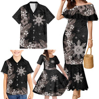 Tropical Hawaii and Philippines Family Matching Mermaid Dress and Hawaiian Shirt Kanaka Maoli and Sun Badge Batok Tattoo Grayscale LT03 - Polynesian Pride